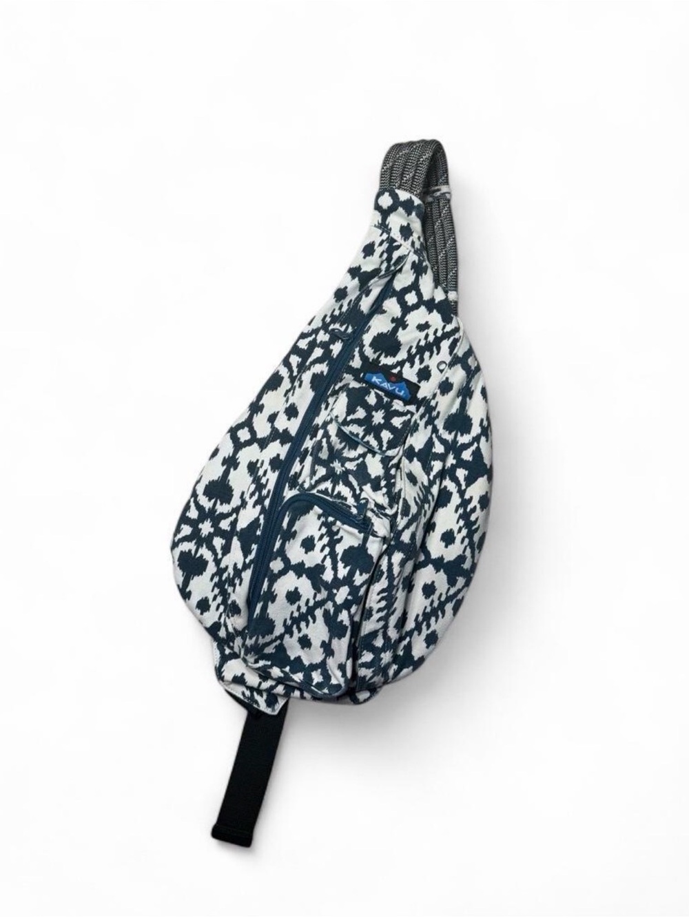 KAVU Rope Sling Backpack Crossbody Canvas Blue White Print Travel Everyday Bag